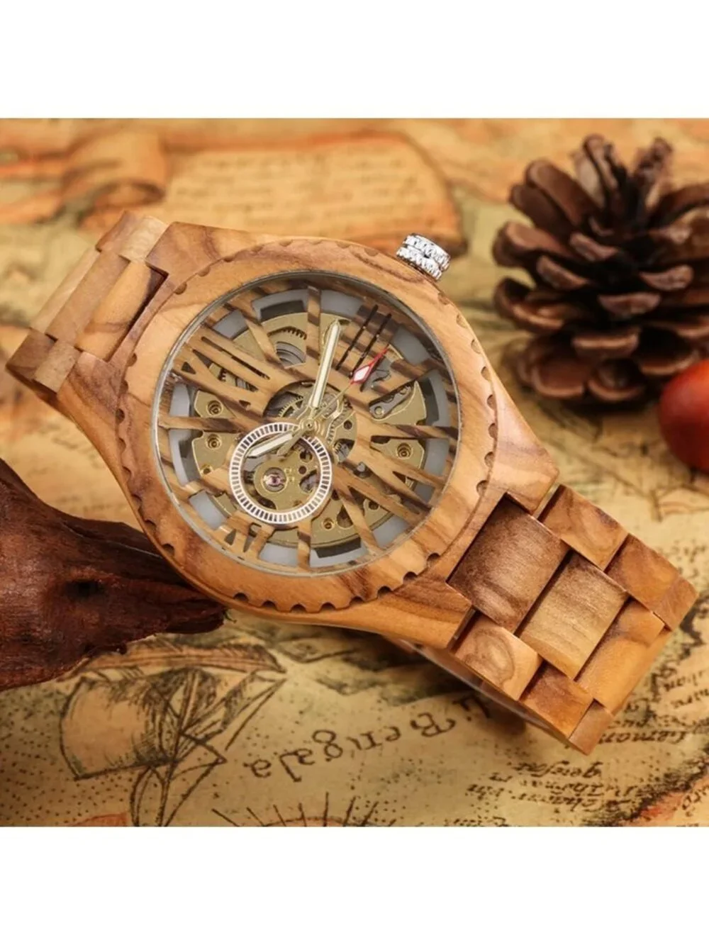 Men's Beige Analog Quartz No Battery Fashion Mechanical Movement Wooden Watch